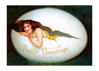 Smiling Woman in Egg Easter Greetings Postcard. 6 cards, individually bagged with envelopes