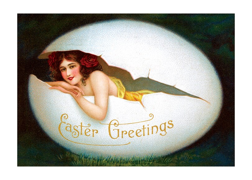 Smiling Woman in Egg Easter Greetings Postcard. 6 cards, individually bagged with envelopes