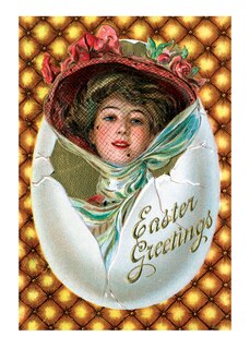 Couverture_Woman with Hat in Egg Easter Greetings Postcard. 6 cards, individually bagged with envelopes