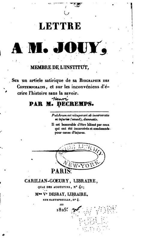 Front cover_Lettre à M. Jouy, sur un article satirique de sa Biographie des contemporains