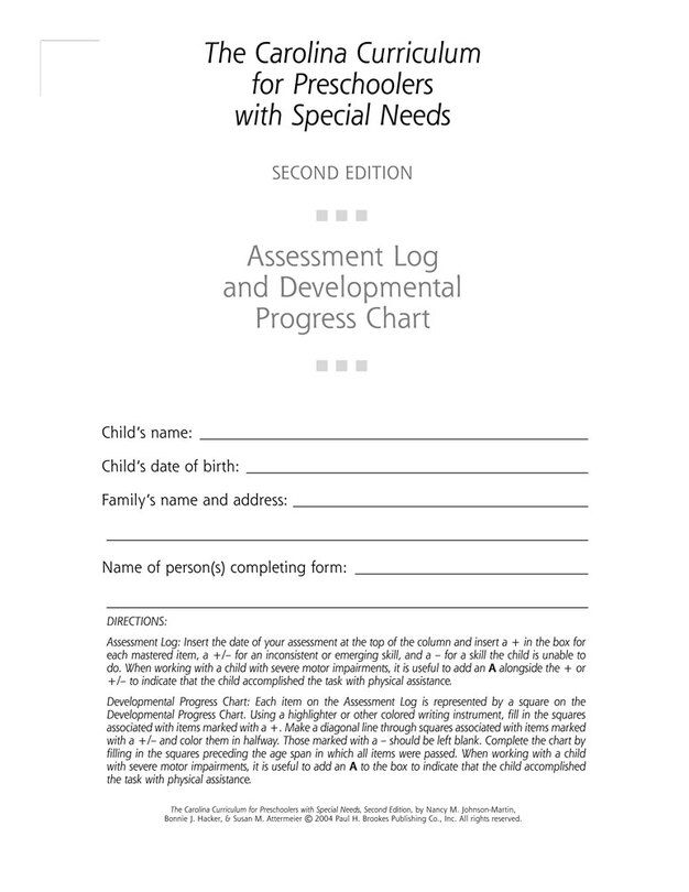 The Carolina Curriculum For Preschoolers With Special Needs (ccpsn) Assessment Log And Developmental Progress Chart