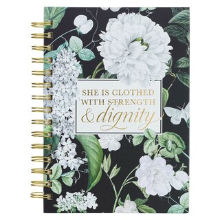 Front cover_Journal Spiral-bound Black Floral Strength & Dignity Prov. 31:25