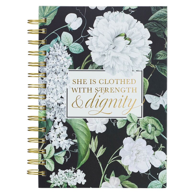 Front cover_Journal Spiral-bound Black Floral Strength & Dignity Prov. 31:25
