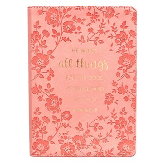 Front cover_Christian Art Gifts Classic Journal He Works All Things Romans 8:28 Bible Verse, Inspirational Scripture Notebook, Ribbon Marker, Peach Faux Leather Flexcover, 336 Ruled Pages