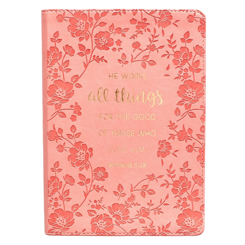 Front cover_Christian Art Gifts Classic Journal He Works All Things Romans 8:28 Bible Verse, Inspirational Scripture Notebook, Ribbon Marker, Peach Faux Leather Flexcover, 336 Ruled Pages