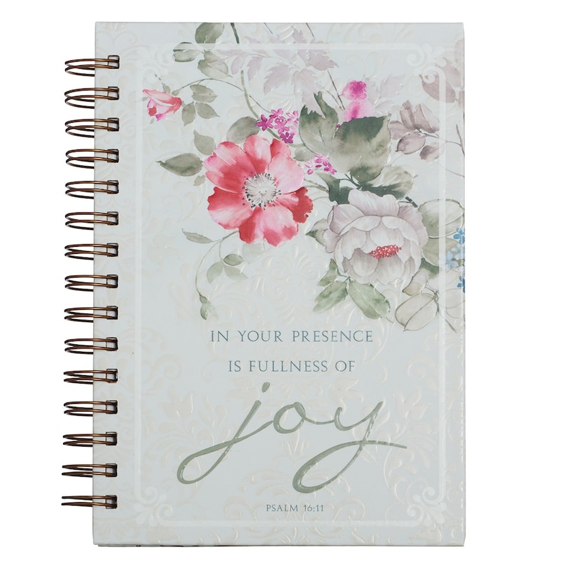 Christian Art Gifts Journal w/Scripture Fullness of Joy Psalm 16:11 Bible Verse Pink Flowers 192 Ruled Pages, Large Hardcover Notebook, Wire Bound