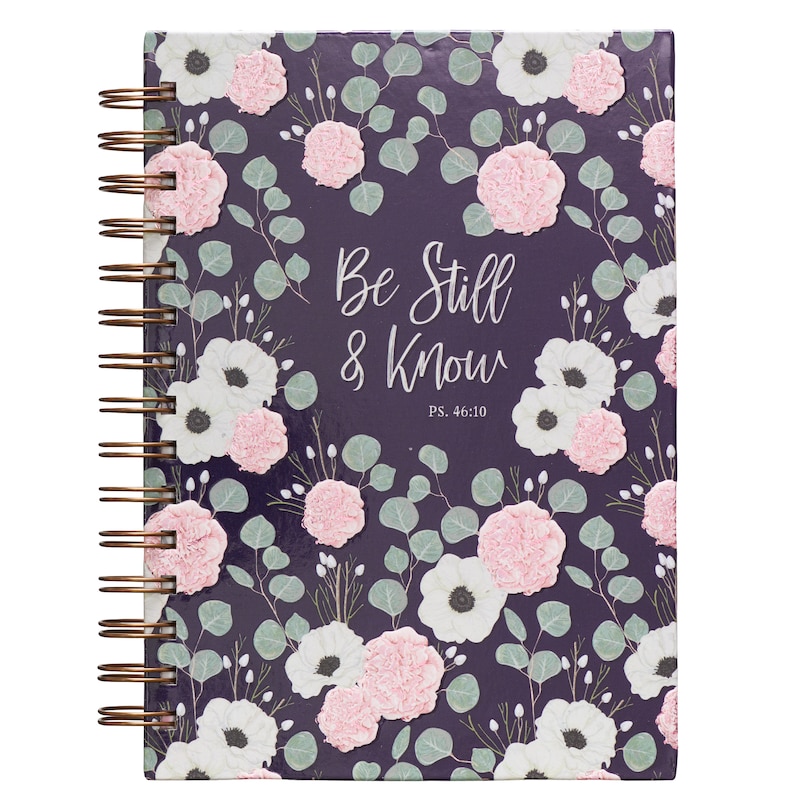 Christian Art Gifts Journal w/Scripture Be Still and Know Psalm 46:10 Bible Verse Navy Floral Inspirational Wire Bound Spiral 192 Ruled Pages, Large Hardcover Notebook, Wire Bound