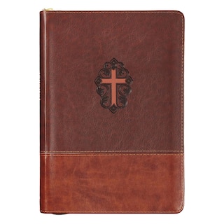 Front cover_John 3:16 Two-tone Brown And Saddle Tan Zippered Faux Leather Journal - John 3:16