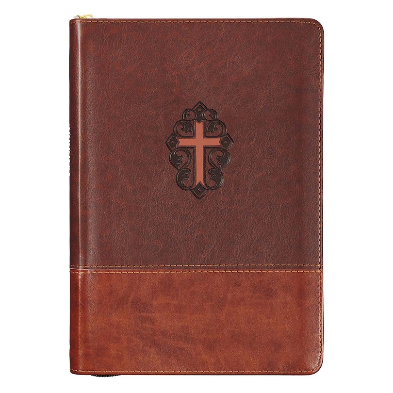 Front cover_John 3:16 Two-tone Brown And Saddle Tan Zippered Faux Leather Journal - John 3:16