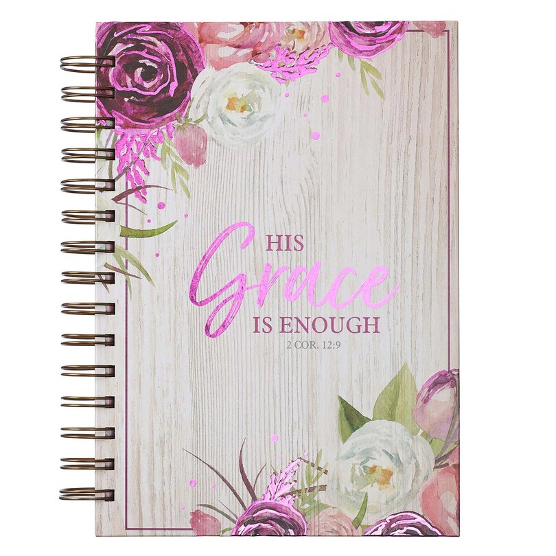 Front cover_Christian Art Gifts Journal w/Scripture His Grace Is Enough 2 Corinthians 12:9 Bible Verse Floral 192 Ruled Pages, Large Hardcover Notebook, Wire Bound