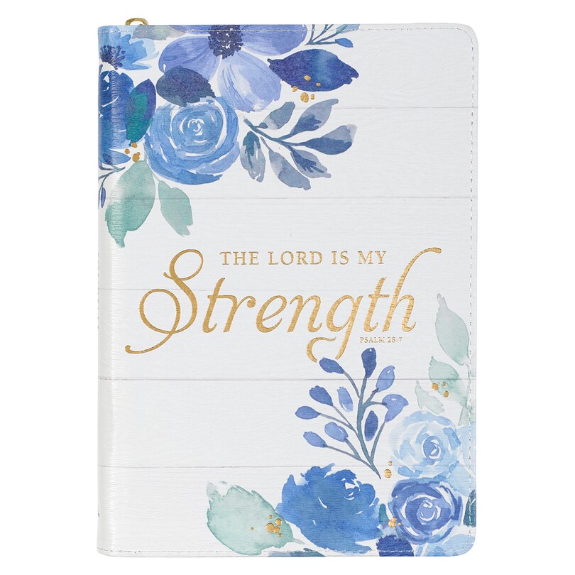 Couverture_Journal Classic Zip White Floral Printed Lord is My Strength Ps. 28:7