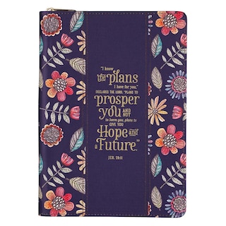 Classic Faux Leather Journal For I Know The Plans Jeremiah 29:11 Bible Verse Navy Floral Inspirational Notebook, Lined Pages w/Scripture, Ribbon Marker, Zipper Closure