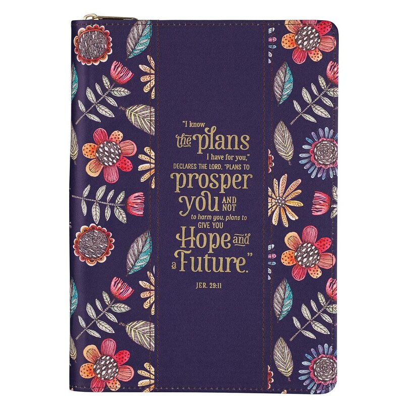 Classic Faux Leather Journal For I Know The Plans Jeremiah 29:11 Bible Verse Navy Floral Inspirational Notebook, Lined Pages w/Scripture, Ribbon Marker, Zipper Closure