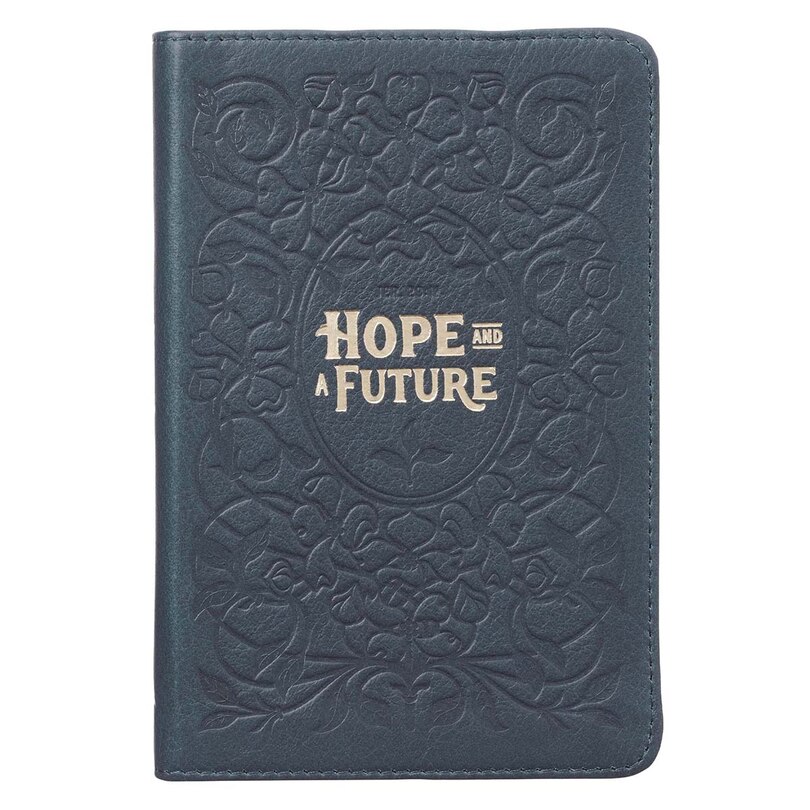 Christian Art Gifts Classic Handy-sized Full Grain Leather Journal Hope and A Future Jeremiah 29:11 Bible Verse Inspirational Scripture Notebook w/Ribbon, 240 Ruled Pages, 5.7 x 7, Navy