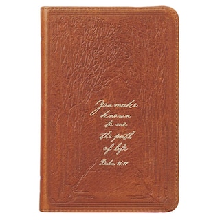 Christian Art Gifts Classic Handy-sized Full Grain Leather Journal Path Of Life Psalm 16:11 Bible Verse Inspirational Scripture Notebook w/Ribbon, Faux Leather Flexcover 240 Ruled Pages, 5.7 x 7, Brown