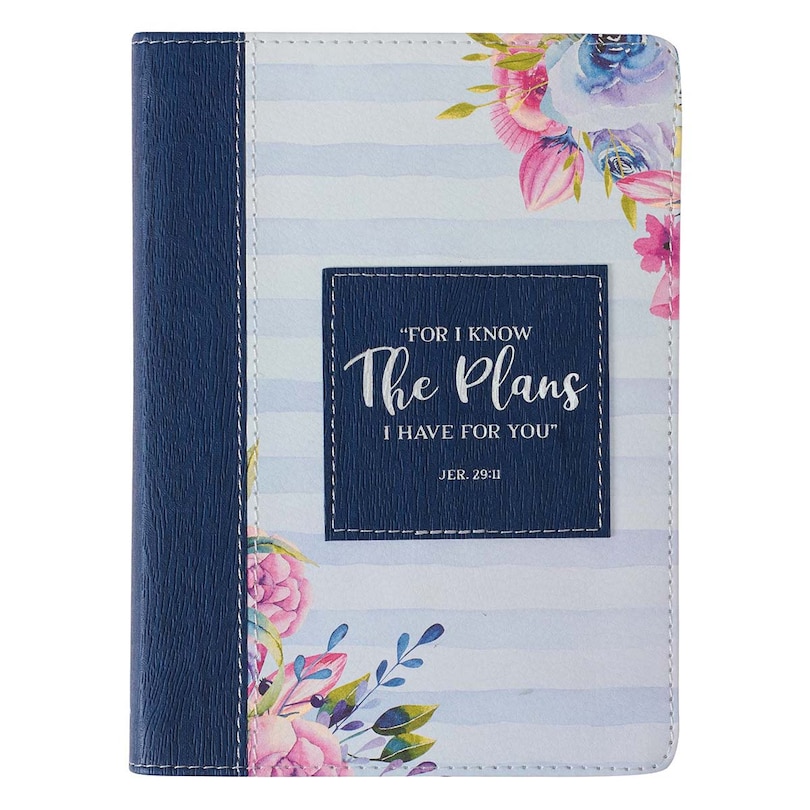 I Know The Plans Blue Floral Stripe Faux Leather Handy-Sized Journal Notebook for Women “ Jeremiah 29:11