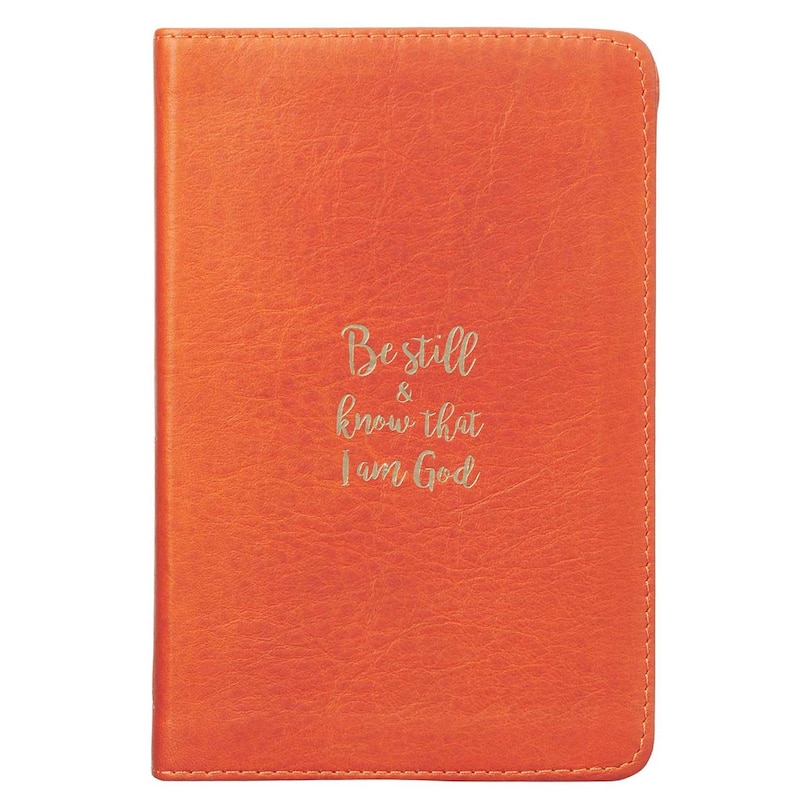 Front cover_Christian Art Gifts Classic Handy-sized Full Grain Leather Journal Be Still and Know Psalm 46:10 Bible Verse Inspirational Scripture Notebook w/Ribbon, Faux Leather Flexcover 240 Ruled Pages, 5.7 x 7, Burnt Orange