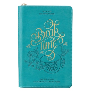 Front cover_Break Time Devotional for Young Women, 366 Daily Devotions, Teal Faux Leather Cover w/Zipper Closure