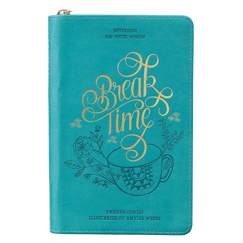 Front cover_Break Time Devotional for Young Women, 366 Daily Devotions, Teal Faux Leather Cover w/Zipper Closure