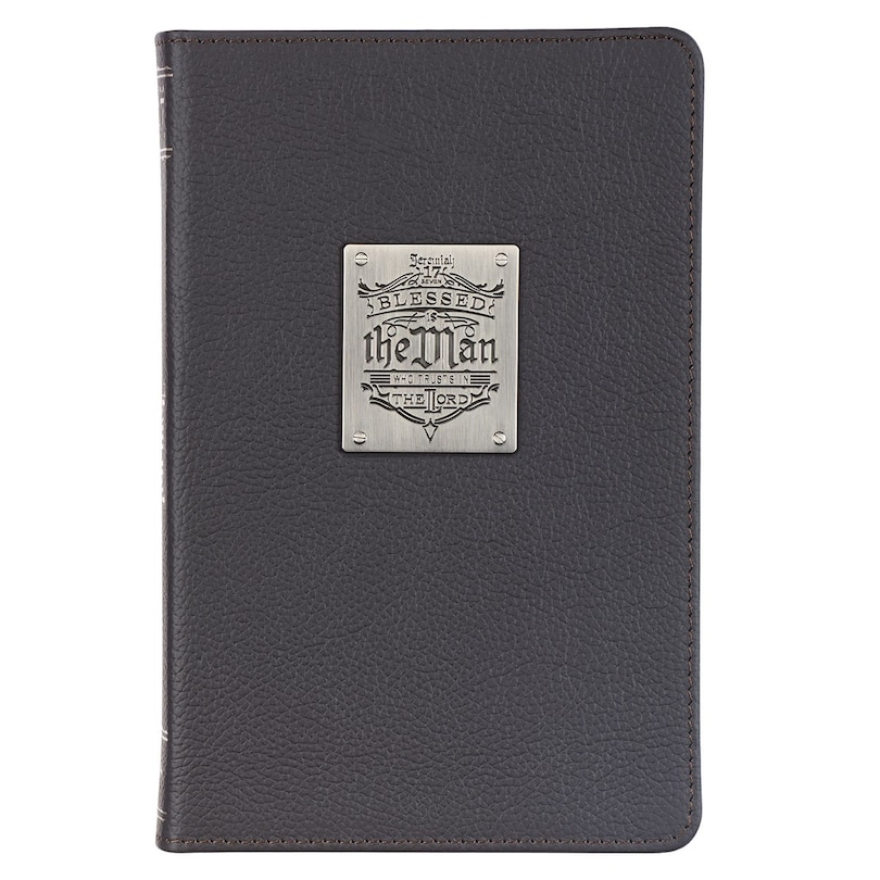 Front cover_Blessed is the Man Jeremiah 17:7 Bible Verse Chocolate Brown Full Grain Leather Journal Inspirational Hardcover Notebook w/Ribbon, Metal Badge Emblem