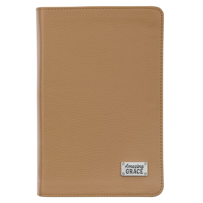 Amazing Grace Butterscotch Tan Full Grain Leather Journal Inspirational Flexcover Notebook w/Ribbon, Metal Badge Emblem