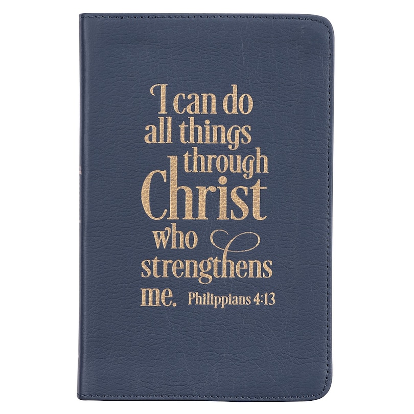 I Can Do All Things Through Christ Philippians 4:13 Bible Verse Navy Blue Full Grain Leather Journal Inspirational Notebook w/Ribbon