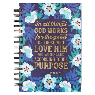 Journal Wirebound Blue Floral God Works for Good Rom. 8:28