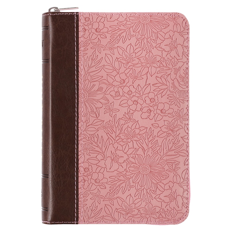 Front cover_KJV Bible Mini Pocket Faux Leather, Pink/Saddle Tan w/zipper