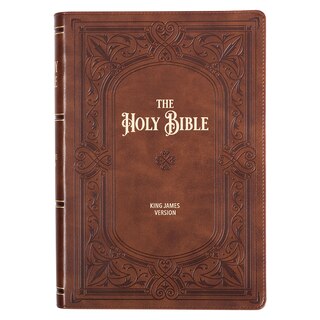 Front cover_KJV Study Bible, Large Print Faux Leather - Thumb Index, King James Version Holy Bible, Art Nouveau Framed Saddle Tan