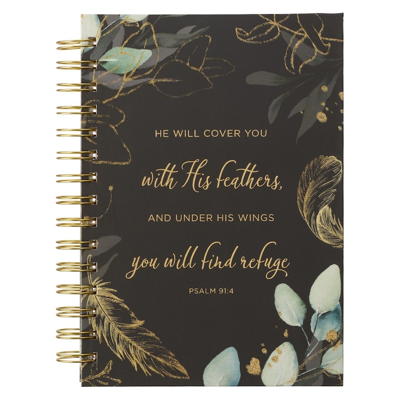 Front cover_Journal Spiral-bound Black Feathers He Will Cover You Ps. 91:4