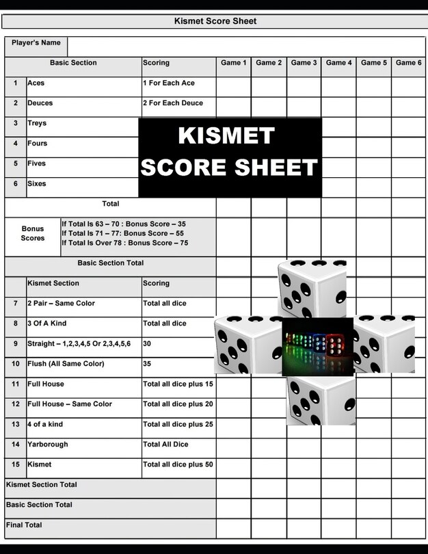 Kismet Score Sheets: kismet Score pad makes it easy to score your game, Size 8.5 x 11 Inch, 120 Pages