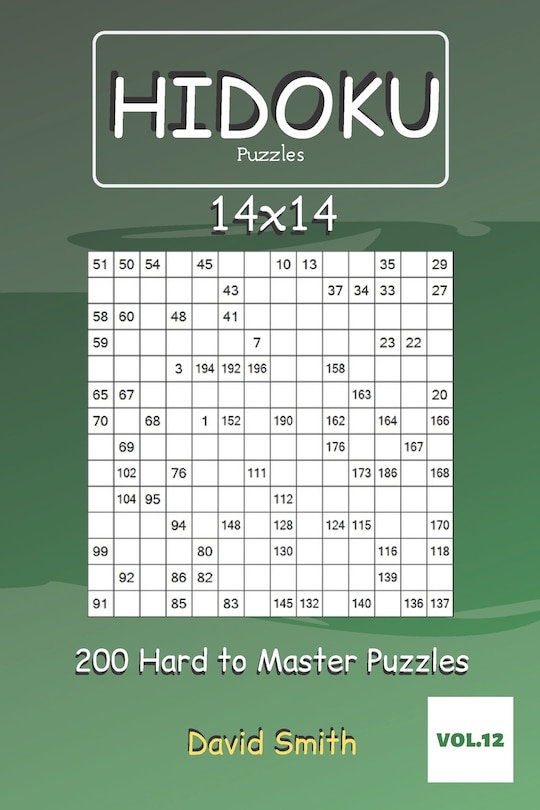 Front cover_Hidoku Puzzles - 200 Hard to Master Puzzles 14x14 vol.12