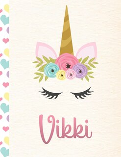 Vikki: Personalized Unicorn Primary Handwriting Notebook For Girls With Pink Name - Dotted Midline Handwriting Practice Paper - Kindergarten to Early Childhood - Grades K-2 Composition School Exercise Book