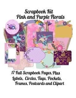 Scrapbook Kit: Pink and Purple Florals, 17 Full Scrapbook Pages Plus: Labels, Circles, Tags, Pockets, Frames, Postcards, Clipart Add Ons image number 0