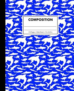 Composition: Blue Shark Composition Notebook For Kids, Cool Marble Sharks Pattern For Boys, Wide Ruled Book 7.5