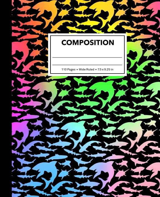 Composition: Rainbow Colors Shark Composition Notebook For Kids, Cool Marble Sharks Pattern For Boys, Wide Ruled