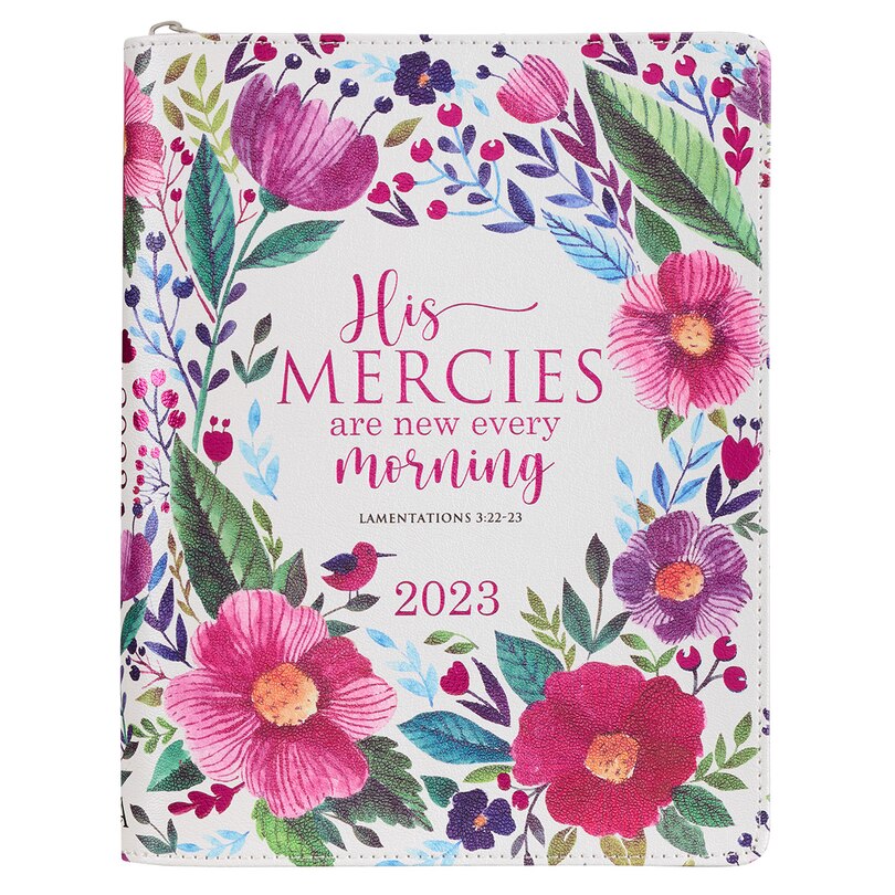 Front cover_Christian Art Gifts 2023 18-Month Planner for Women | His Mercies Are New Every Morning - Lamentations 3:22-23 Inspirational Bible Verse