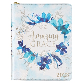 Christian Art Gifts 2023 12-Month Women's Daily Personal Planner/Organizer w/Zipper Closure - Amazing Grace - Inspirational Hymn, Faith-based Note Calendar, Jan 2023-Dec 2023, Cloud White/Blue Floral