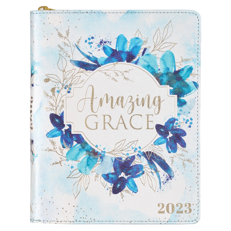 Christian Art Gifts 2023 12-Month Women's Daily Personal Planner/Organizer w/Zipper Closure - Amazing Grace - Inspirational Hymn, Faith-based Note Calendar, Jan 2023-Dec 2023, Cloud White/Blue Floral