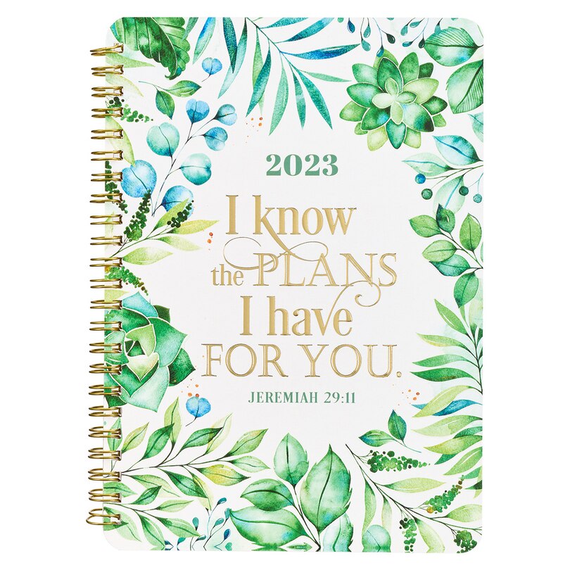 Christian Art Gifts 2023 Wirebound Weekly Daily Planner for Women: I Know the Plans - Jeremiah 29:11 Inspirational Bible Verse for Organization, Compact Vertical Layout, White/Leafy Green Floral