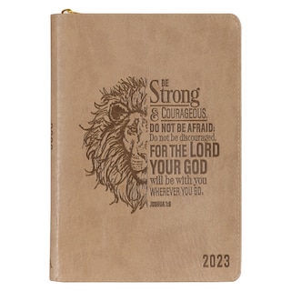 Christian Art Gifts 2023 12 Month Executive Vegan Leather Planner for Men: Be Strong & Courageous - Joshua 1:9 Inspirational Bible Verse, Daily Personal Organizer w/Zipper Closure & Ribbon, Lion Tan