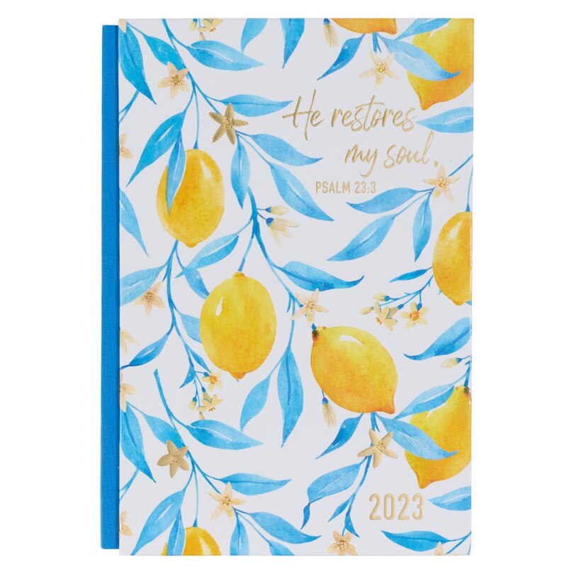 Front cover_Christian Art Gifts 2023 12-Month Hardcover Planner for Women | He Restores My Soul - Psalm 23:3 Inspirational Bible Verse