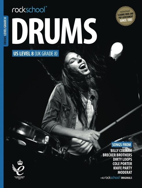 Front cover_Rockschool Drums Grade 8 2018+ Book/online Audio
