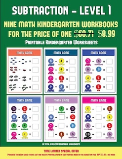 Printable Kindergarten Worksheets (Kindergarten Subtraction/taking away Level 1): 30 full color preschool/kindergarten subtraction worksheets that can assist with understanding of m