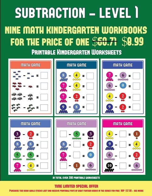 Printable Kindergarten Worksheets (Kindergarten Subtraction/taking away Level 1): 30 full color preschool/kindergarten subtraction worksheets that can assist with understanding of m