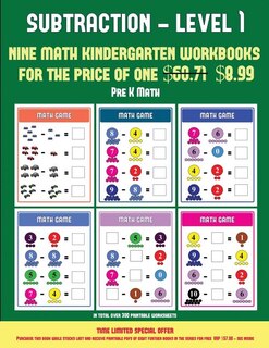 Pre K Math (Kindergarten Subtraction/taking away Level 1): 30 full color preschool/kindergarten subtraction worksheets that can assist with understanding of m
