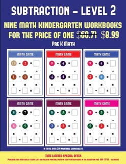 Pre K Math (Kindergarten Subtraction/taking away Level 2): 30 full color preschool/kindergarten subtraction worksheets (includes 8 printable kindergarten PDF