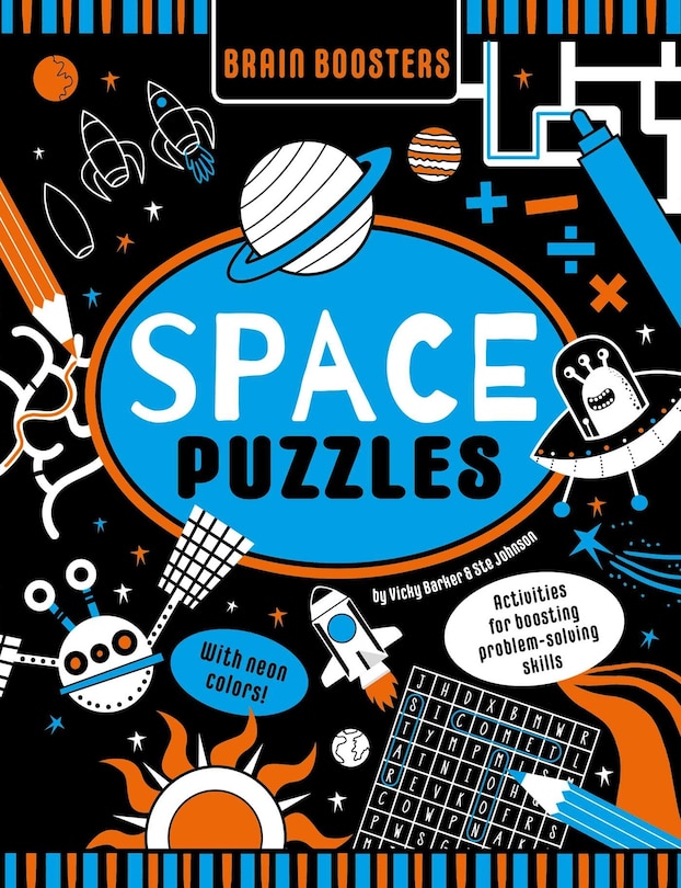 Front cover_Brain Boosters Space Puzzles (with Neon Colors) Learning Activity Book For Kids