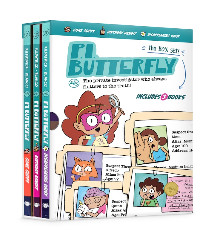 Couverture_P.I. Butterfly Box Set (Gone Guppy, Birthday Bandit, Disappearing Daisy) for Curious Kids Ages 6–11, Interactive Kids Mystery Early Graphic Novel Gift Box Set