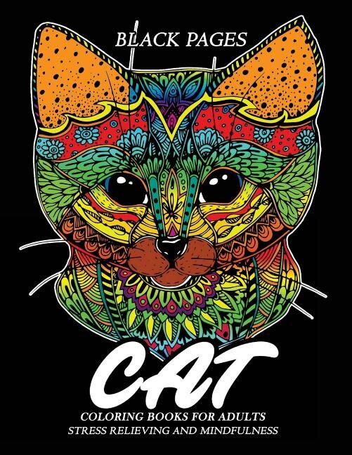 Cat Coloring Book for Adults Black Pages: Stress Relieving and Mindfulness, Cute Cat in Doodles Art to Color